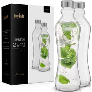 JoyJolt Glass Water Bottles - 2pc Set, 32 oz/1 Liter, Clear Glass with Stainless Steel Lids, Leakproof, Ideal for Juicing or Iced Tea