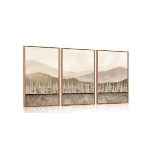 Aurlan Abstract Neutral Tan Nature Landscape Wall Art Set(16”x24”), 3 Pieces Duotone Beige Misty Mountain Framed Canvas Artwork, Large Modern Pine Tree Foggy Forest Wall Decor for Office Bedroom Living Room