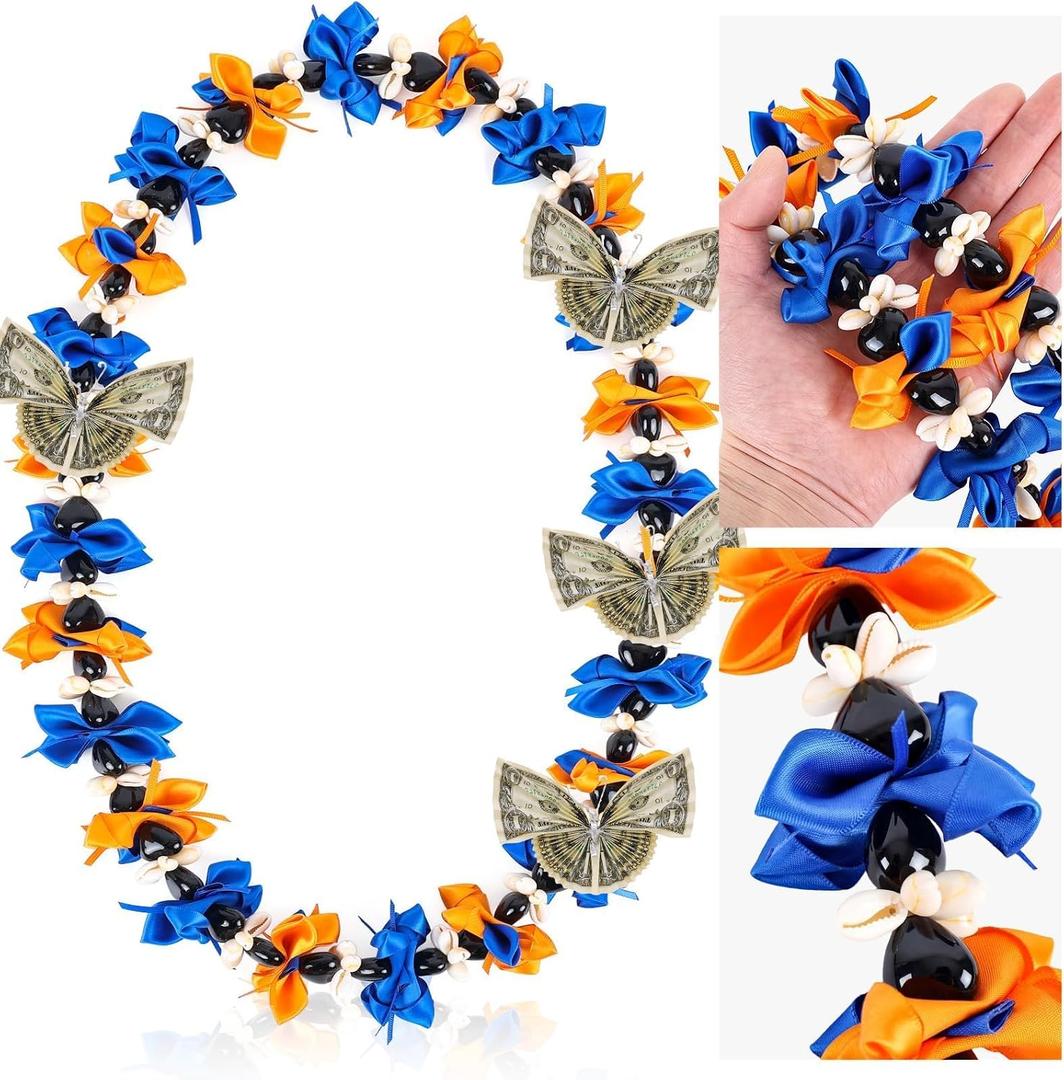 36inch Blue Orange Graduation Kukui Nut Leis Grad Ribbon Beads Necklace Class of 2026 Graduation Gifts for High School Seniors College Party Accessories