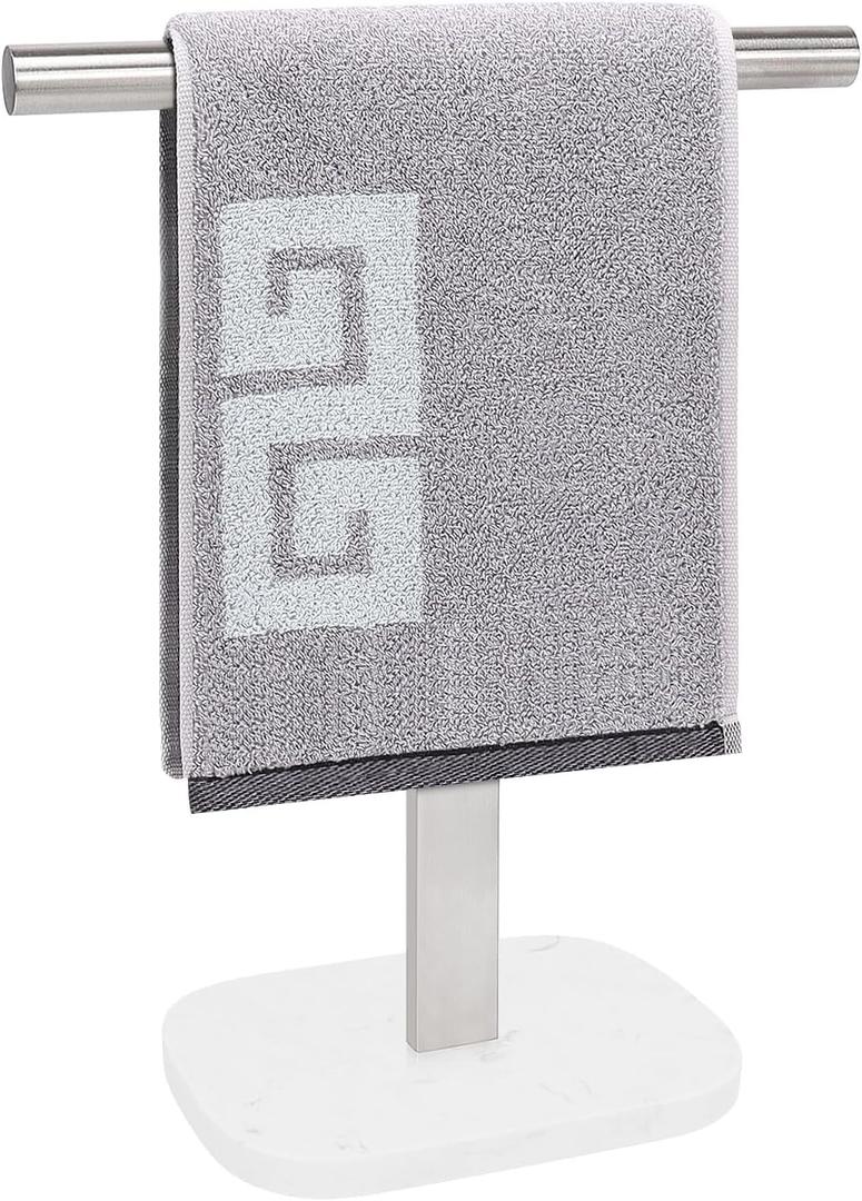 NearMoon T-Shape Hand Towel Holder-Bath Towel Rack-Standing with Balanced Base Towel Bar for Bathroom Kitchen Vanity Countertop, Modern Stand Towel Ring with Marble Base (14 Inch, Brushed Nickel)