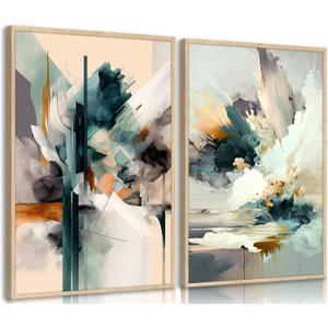 2 x Modern Abstract Line Canvas Wall Art Minimalist Blue Green Texture Wall Decor Picture Mid Century Gray Geometric Painting Print Graffiti Poster Artwork for Living Room Bedroom Office Decorate,Unframed (16L''x12W'')