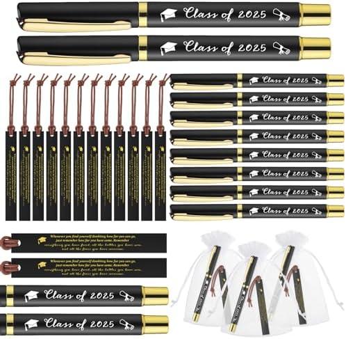 Spakon 30 Set 2025 Graduation Gift Pens Bookmarks Inspirational Class of 2025 Pens PU Leather Bookmarks Motivational End of School Gifts for Students Graduation School Party Book Lover(Black)