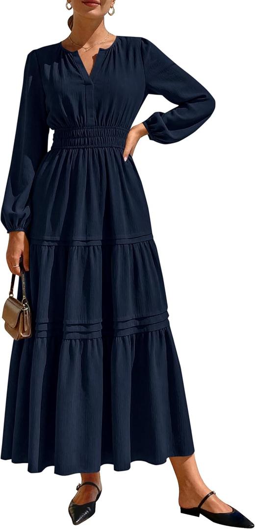 PRETTYGARDEN Women's 2025 Elegant Maxi Dresses Long Sleeve V Neck Flowy Pockets Casual Modest Dress Fall Fashion Clothes (Dark Blue, X-Large)