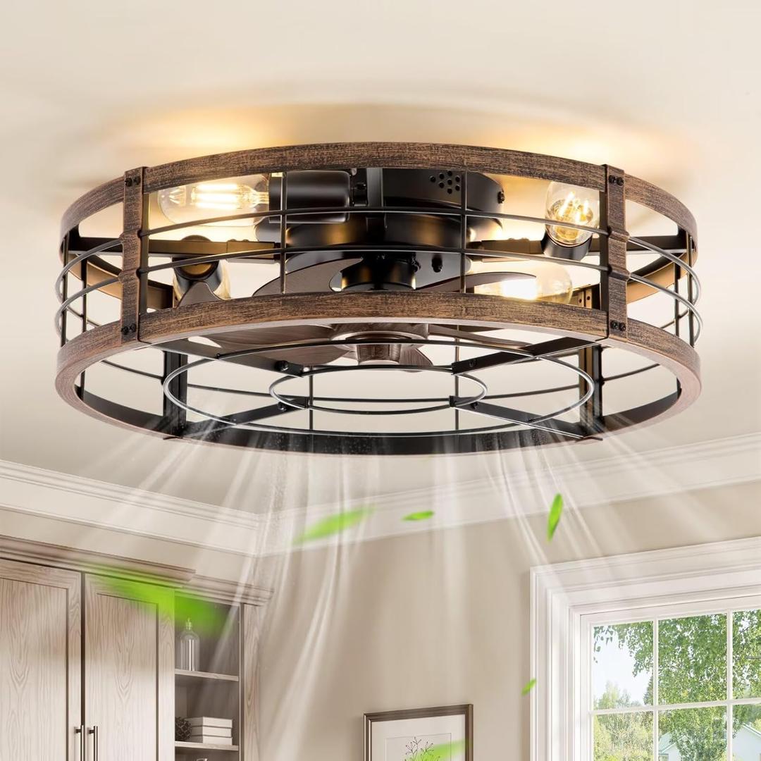 LEDIARY 20" Caged Low Profile Ceiling Fan with Light and Remote Black Gold