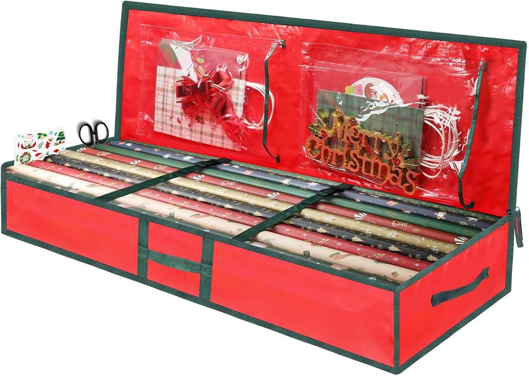 6 x Christmas Gift Wrapping Paper Organizer Storage Bags,Plastic Container for Holiday Supplies & Accessories, Gift Bag Organizer, Under Bed Wrapping Paper Storage (Red)