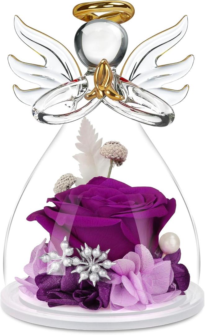 Mothers Day Mom Gifts for Her,Preserved Flowers Rose in Glass Angel Figurines,Birthday Gifts for Women,Mothers Present from Daughter,Purple Flowers Angels for Grandma Wife Sister Girlfriend Valentines