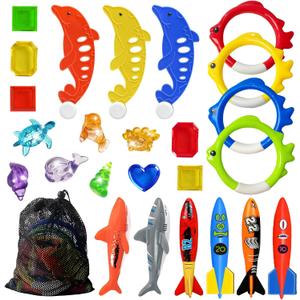 Jasonwell Pool Diving Toys Games - 25PCS Swimming Pool Toys with Dive Sticks and Rings Underwater Treasures Torpedo Bandits Fish Toy etc Fun Water Swim Toy for Boys Girls Adults Kids Teens