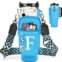 Water Bottle Holder with Strap for Stanley Cup 40 oz Tumbler with Handle, Personalized Initial Gift, Water Bottle Carrier Bag with Phone Pocket & Carabiner for Stanley Cup Accessories Blue F