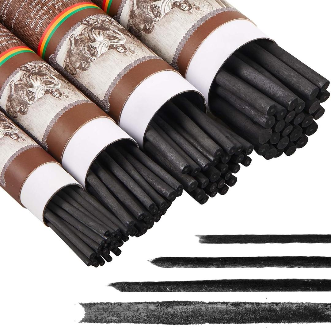 Gueevin 100 Pcs Willow Charcoal Sticks, Soft Black Drawing Charcoal for Sketching and Drawing Art Sketch Artists Supplies, 5.7 Inch in Length, 2-4, 4-5, 5-7 mm