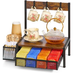 Tea Bag Organizer, Wood Tea Organizer and Storage Cheast, Tea Bag Holder with Storage Drawer, 4 Hooks for Tea Cups Holder, Tea Station Chest Display Container Box for Countertop Kitchen (Brown)