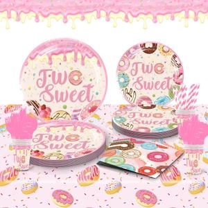 Two Sweet Birthday Party Supplies for 2 Year Old Girl, 202 Pcs Donut Party Decorations for Girls Baby - Table Cover, Plates, Cups, Napkins, Utensils, Serves 25 Guests