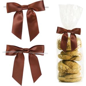 Pre-Tied Brown Bows for Christmas 3.5 Inch Premade Brown Twist Tie Bows for Gift Wrapping Satin Bows for Crafts, Party Favors, Treat Bags,Wedding, Candy Apples, Cake Pops (50 Pack)