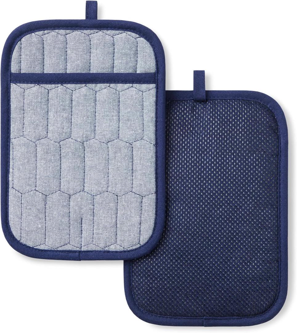 MARTHA STEWART Honeycomb Quilted Chambray Pot Holder 2-Pack Set, 100% Cotton, Flexible Non-Slip Silicone Grip, Heat Resistant, Navy Blue, 7"X10"