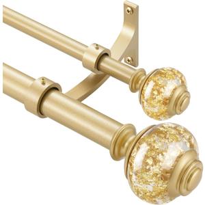 Double Curtain Rods 36 to 72 Inches(3-6 Feet) with Solid Aluminum Alloy Brackets, 1 Front and 5/8 Back Telescoping Drapery Rod for Windows, Heavy Duty Decorative Curtain Rods, Warm Gold