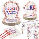 Baseball 1st Birthday Party Supplies for 40 Guests, Disposable Tableware Set includes Rookie of The Year Paper Plates, Tablecloths, Napkins and Forks for Boys Baby First Baseball Party Decorations