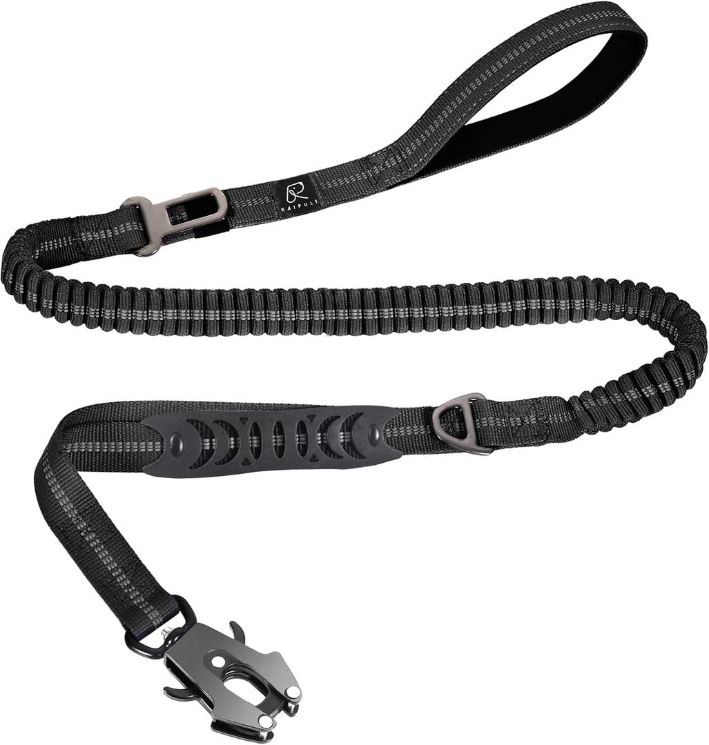 Raipult Tactical Heavy Duty Bungee Dog Leash for Medium Large Dogs That Pull, Military K9 Working Lead, 4-6FT Shock Absorbing Frog Clip Leash with Padded Traffic Handle & Car Seatbelt, Black (Aviation aluminum)