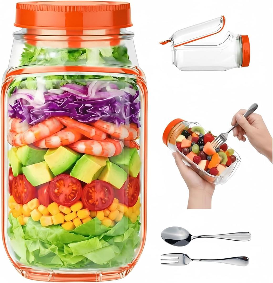 2 x HUAFA Salad Jar Pod, Side Opening Salad Jar To Go with Spork & Spoon, Leakproof Portable Salad Container with Dressing Cup, Meal Prep Jar for Lunch, Work, Travel & Picnic (Orange)