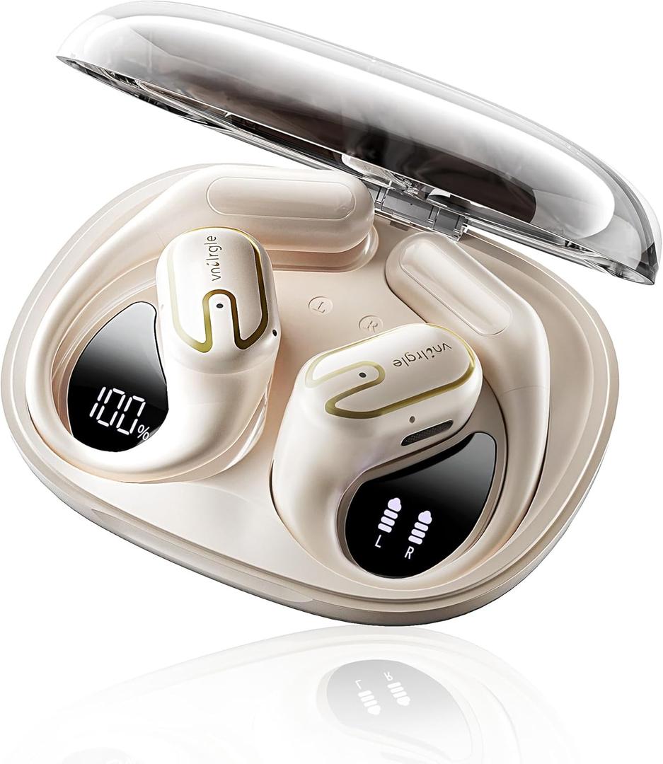 Open Ear Headphones Earbuds wireless - 5.4 Bluetooth Ear Buds with LED Digital Display IPX7 Waterproof, Wireless Headphones Touch Control Air Conduction Stereo Sound with 18.2mm Drivers 80H Playtime (standard, White)
