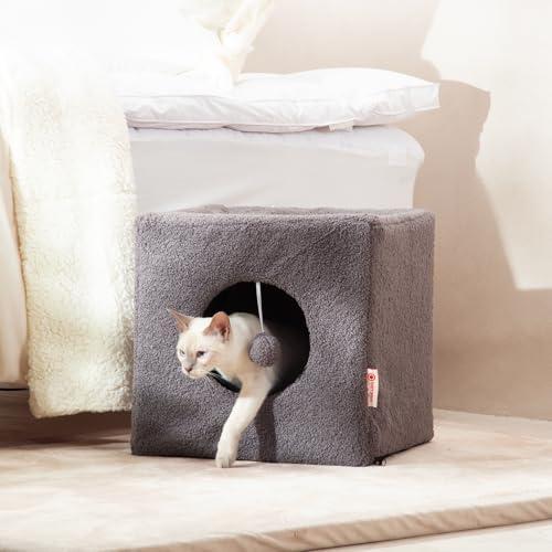 Charryarn Cat Cubby for Indoor Cats, Fluffy Large Cube Cat Cave Bed, Cat House Hideaway for Multiple Cats & Small Pets, Detachable Sherpa Cover 16 Inches