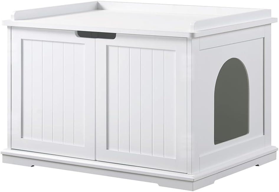 unipaws Cat Litter Box Enclosure Furniture, Cat Washroom, Hidden Litter Box Cover, Cabinet for Large Cat, Dog Proof Cat Litter Boxes, Hideaway Litter Box, Cat House, White, No Top Open