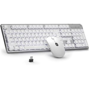 BlueFinger Wireless Keyboard and Mouse with Power Display, Blacklit Rechargeable Full Sized Silent Light Up Gaming Keyboard Mouse Combo for Computer, Mac, Laptop, PC (White)