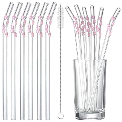 Honeydak 6 Pcs Pink Cherry Blossoms Glass Straws with Charms Cute Reusable Straws Glass with Brush Flower Shaped Clear Drinking Sucker Spring Party Decor Bachelorette Decor Bridal Engagement Drinkware
