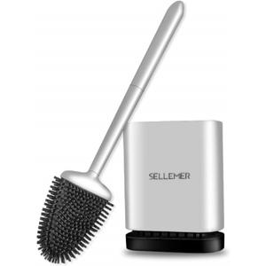 Toilet Brush and Holder Set - Flexible Toilet Bowl Brush Head with Silicone Bristles, Compact Size for Storage and Organization, Ventilation Slots Base (1 Pack, Silver)