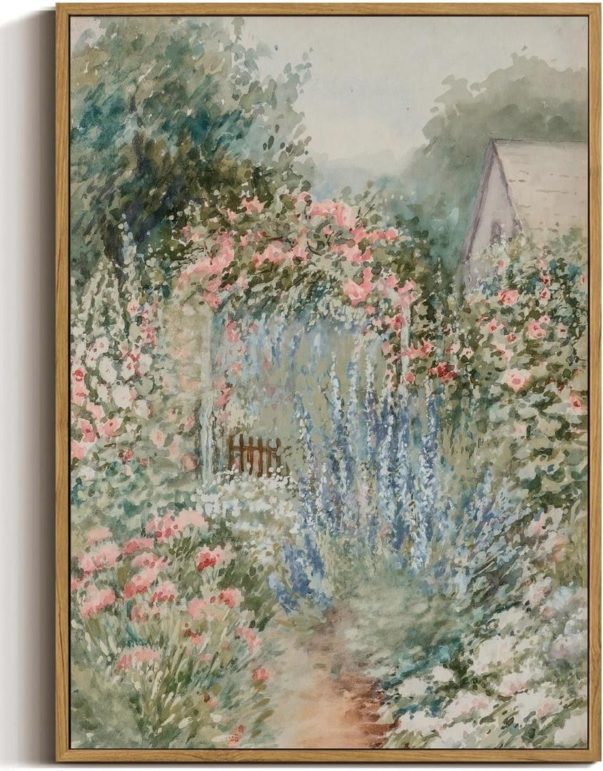 French Country Garden Framed Canvas Wall Art 16x24 inch | French Country Floral Wall Decor, Cottage Garden Fence Art Print, Rustic Farmhouse Decor for Living Room Bedroom Bathroom