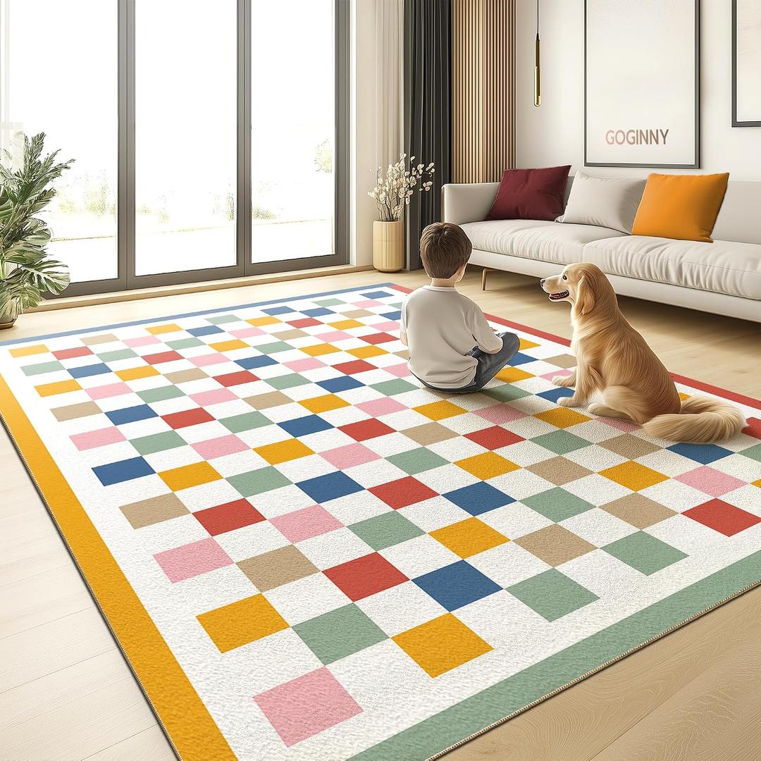 Washable 8x10 Checkered Area Rug for Living Room, Colorful Rainbow Checkerboard Modern Large Rugs, Ultra Thin Low Pile Lightweight Indoor Carpet with Non-Slip Backing for Bedroom Kids Nursery Playroom