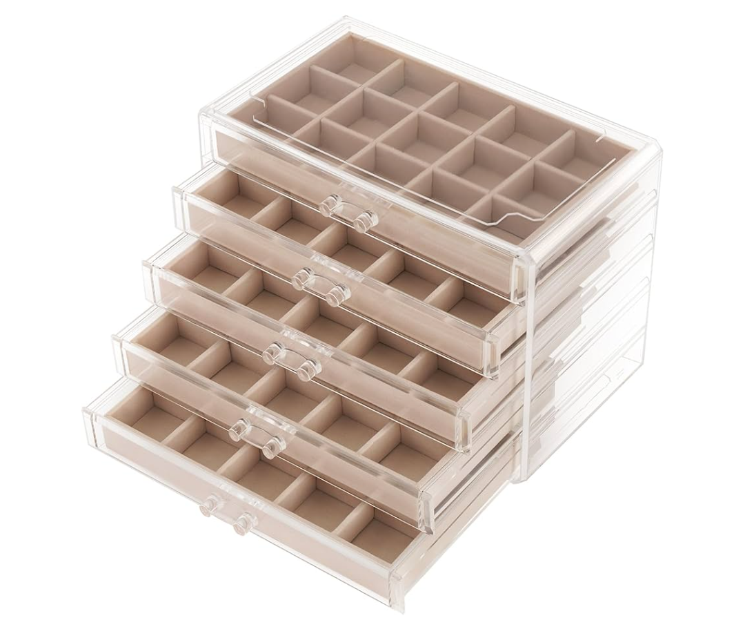 Jewelry Box Organizer，Acrylic Storage Organizer with 5 Drawers Adjustable Velvet Trays grid size Jewelry Storage Box Clear Jewelry Organizer Gift for Women Girls (5 layer)