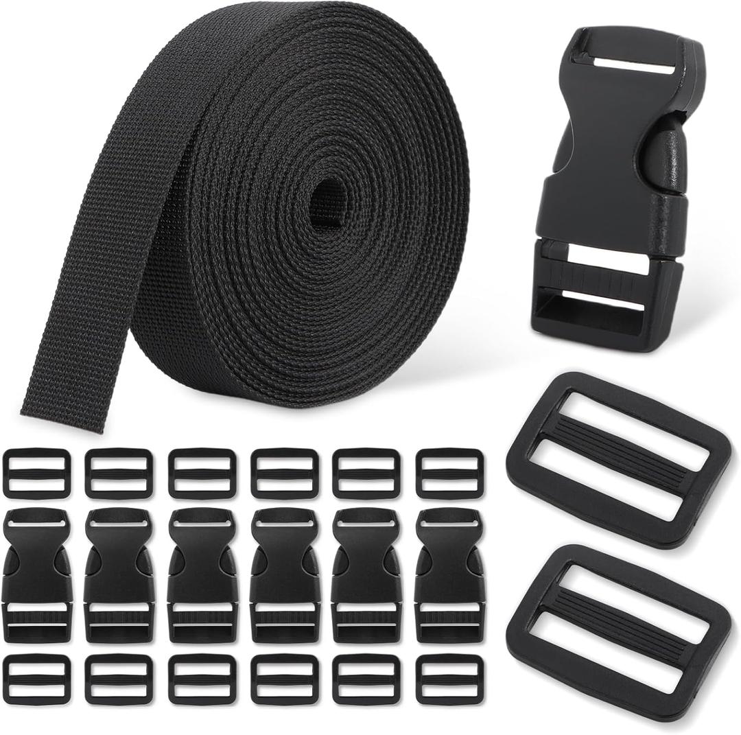Buckle & Strap Kit - 6 Yards 1 Inch Wide Polyester Webbing Stronger Than Nylon, 6 Plastic Quick Release Buckles & 12 Triglide Clips, Adjustable Extender Straps for Backpack, Dog Collar, Fanny Pack