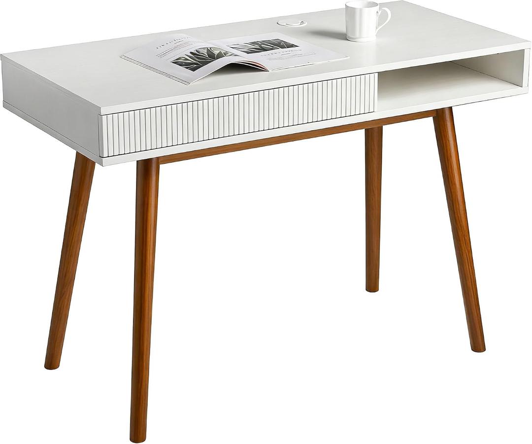 Artswish White Wood Desk with Drawer, 42" Mid Century Modern Writing Desk | Soild Wood Legs, Reinforced Structure, Hidden Drawer & Open Cubby Storage, Built-in Cable Management for a Clean Workspace