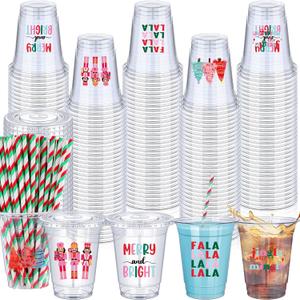 50 Sets Christmas Disposable Cups for Party Decoration with Lids and Straws Plastic 12 oz Nutcracker Red Green Cold Beverage Drinking Cups for Xmas Tree Birthday Party Decorations Supplies