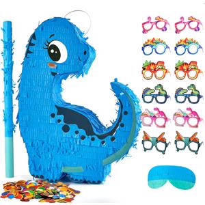 Blue Dinosaur Piata for Boys,Piata de Dinosaurio para nios with 12pcs Paper Glasses, Wood Stick, Confetti, and Blindfold,Dino Piata for Birthday Party Decorations16"*12.6"*3.5"