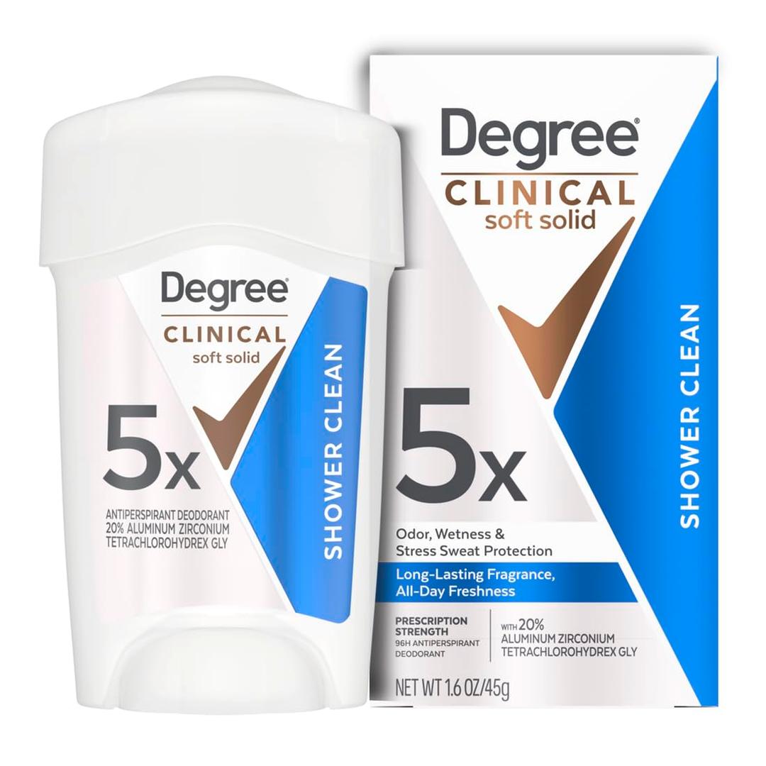 Degree Clinical Strength Antiperspirant Deodorant 96-Hour Sweat and Odor Protection Shower Clean Soft Solid 5x Types of Sweat 1.7 oz
