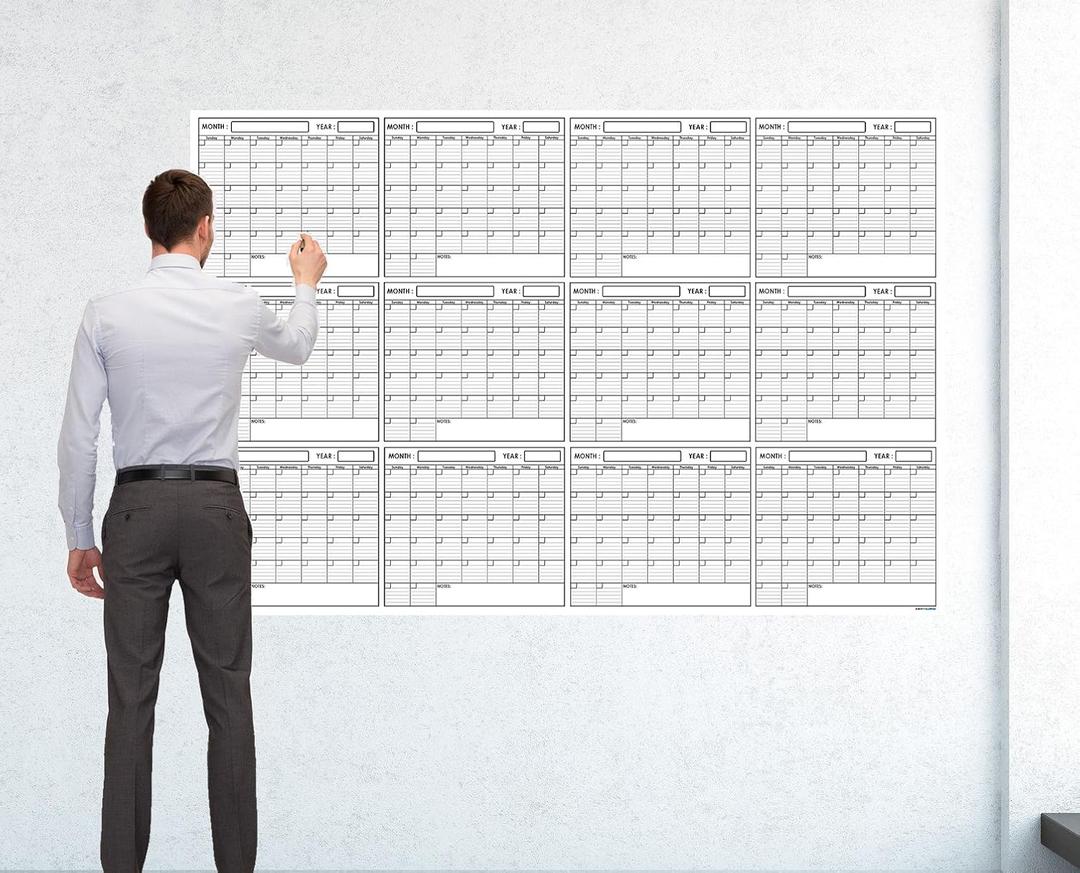48" x 72" Large Jumbo Oversized Erasable Laminated Blank Annual Yearly Wall Calendar Poster, 12 Months, Reusable for Office, Academic or Home