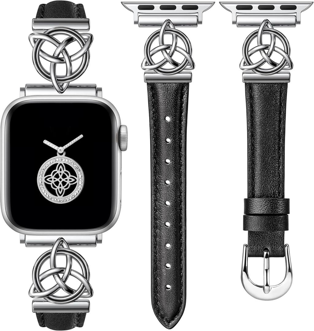 Minyee Compatible with Apple Watch Bands Leather 38/40/41/42/44/45/46/49mm Women, Slim Dressy Leather Strap with Celtic Knot Triquetra Metal Buckle for iWatch Series 11 10 9 8 7 6 5 4 SE/Ultra 3 2 1 (Black/Silver)
