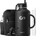 INSPI Insulated Water Bottle 64oz with Handle, Double Wall Vacuum Stainless Steel Water Bottles with Straw & 2 Lids, Half Gallon Metal Large Jug with Carry Pouch for Outdoor Sports, Black