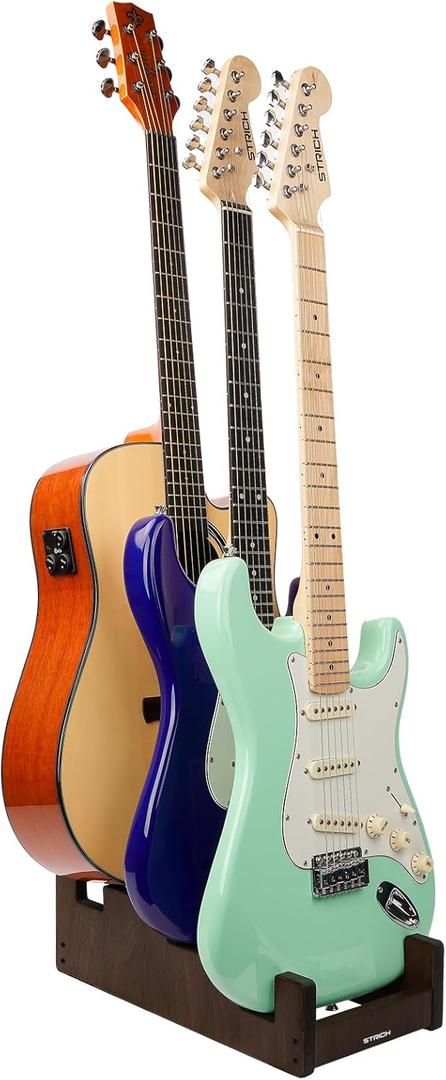 STRICH Wooden Guitar Stand for Multiple Guitars, 3-Holder, Front Display Space-Saving Floor Guitar Rack for Home, Studio, Stage, Walnut Color, L-2E1AW (For 2 Electric+1 Acoustic)