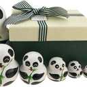 Apol Set of 10 Big-Belly Wooden Handmade Panda Bear with Bamboo Nesting Dolls Matryoshka Russian Doll in a Box with Bow for Kids Toy Home Decoration New Year