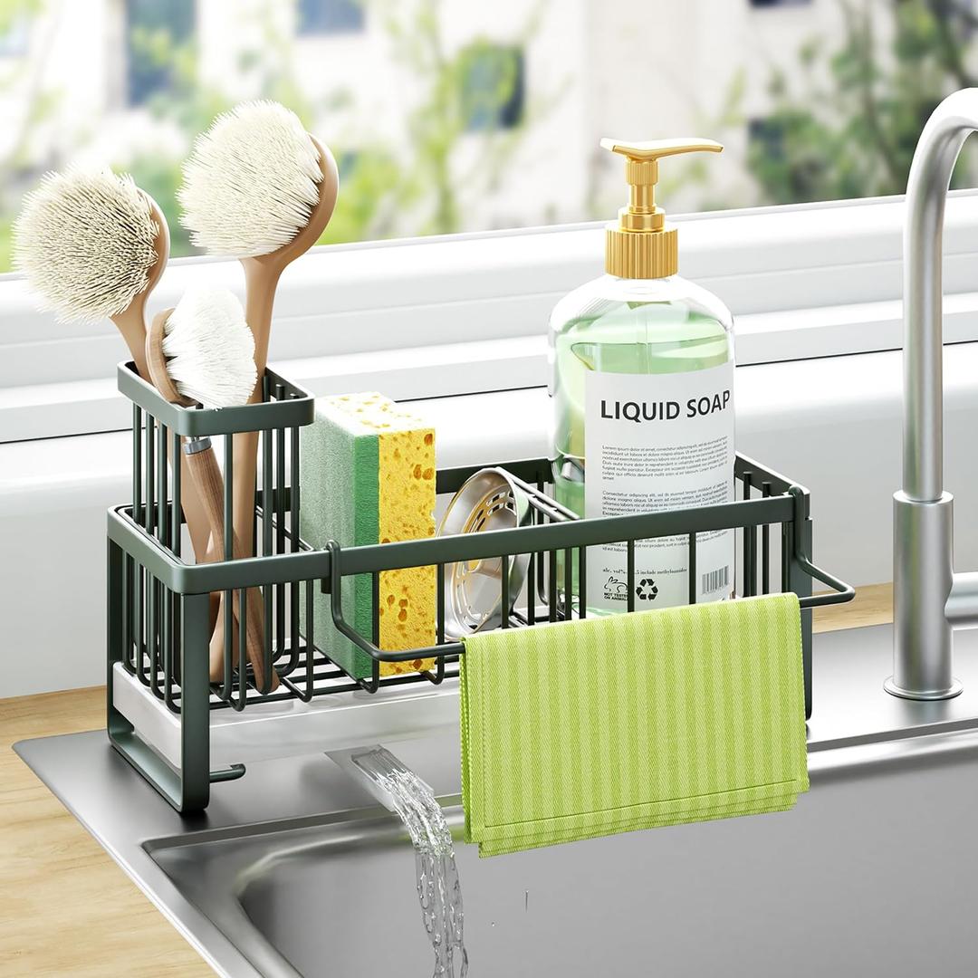HapiRm Sponge Holder for Kitchen Sink - Self-draining Sink Caddy with Brush and Dishcloth Holders, Stainless Steel Kitchen Organizer for Countertop - Green