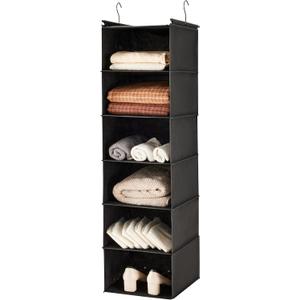 MAX Houser 6 Tier Shelf Hanging Closet Organizer, Closet Hanging Shelf with 2 Sturdy Hooks for Storage, Foldable (Black)
