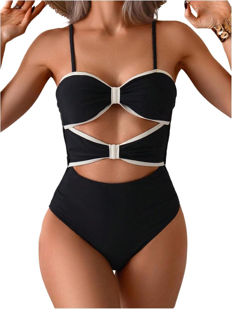 Milumia Women's One Piece Cut Out Tie Back Monokini Swimwear Spaghetti Strap Swimsuits (Multicolor) Medium