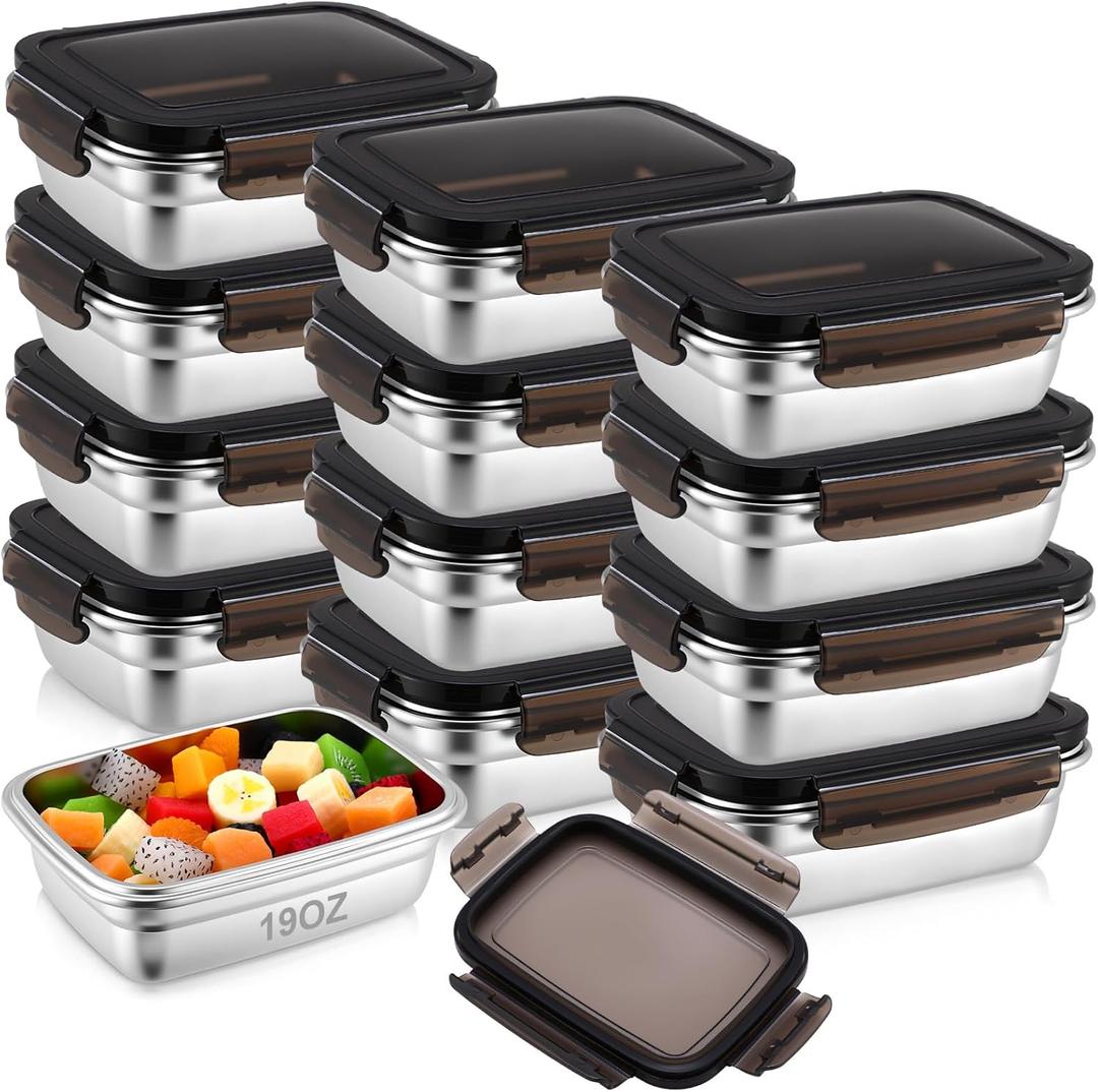 12 Pcs 19oz/ 550 ml 304 Stainless Steel Food Storage Containers with Lid, Airtight Metal Food Containers Reusable Stackable Bento Meal Lunch Box Freezer/Dishwasher Safe for Kitchen Travel