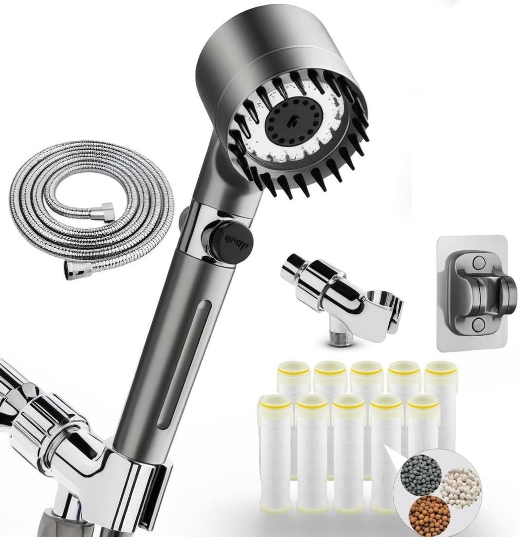 Filtered Shower Head with Handheld & High Pressure - Ion Drops Shower Head with 59" Stainless Hose for Hard Water | 3 Spray Modes with 10 Replaceable Filters