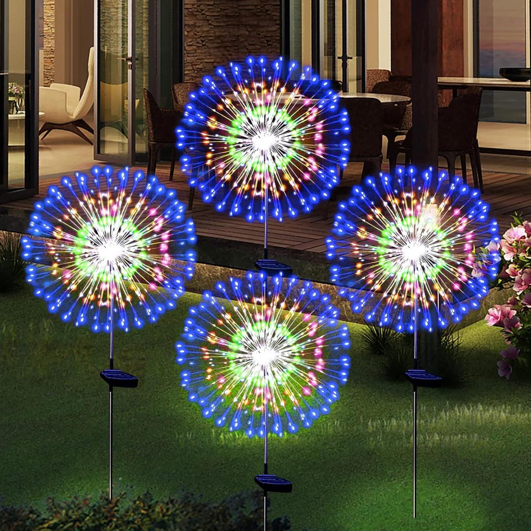 Solar Garden Firework Lights Outdoor Waterproof 4 Pack Solar Powered Art Stake Twinkle Outside Solar Lighting Upgrad 180 LED Sparklers Lights for Yard Party Decorations (Colorful)