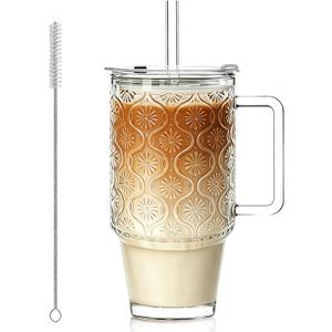 KEMORELA 24 Oz Ribbed Glass Tumblers with Lids and Straws, Tumbler Cup with Handle, Iced Coffee Glassware, Clear Reusable Drinkware for Smoothies and Beverages(1)