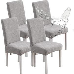 Waterproof Dining Chair Covers, Chair Covers for Dining Room, Stretch Parsons Chair Slipcover, Removable, Washable for Dining Room Kitchen Chair Protector Cover (Set of 4, Leaf-light Gray)