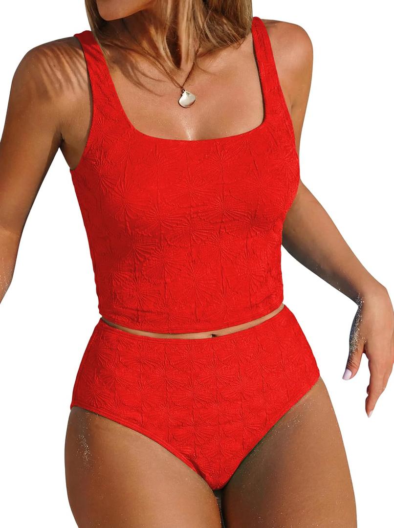 ZAFUL Womens Tankini Swimsuits Two Piece Tummy Control Bathing Suits Textured Tankini Swim Top with High Waisted Bottom (M)