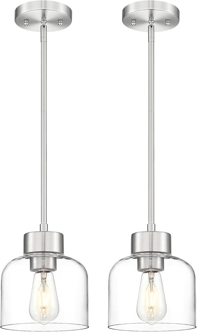 2-Pack Pendant Lights Kitchen Island, 7" Brushed Nickel Hanging Lights Fixtures with Clear Glass Shade, Modern Kitchen Pendant Lighting Over Island for Dining Room, AD-24024-1P2-SN
